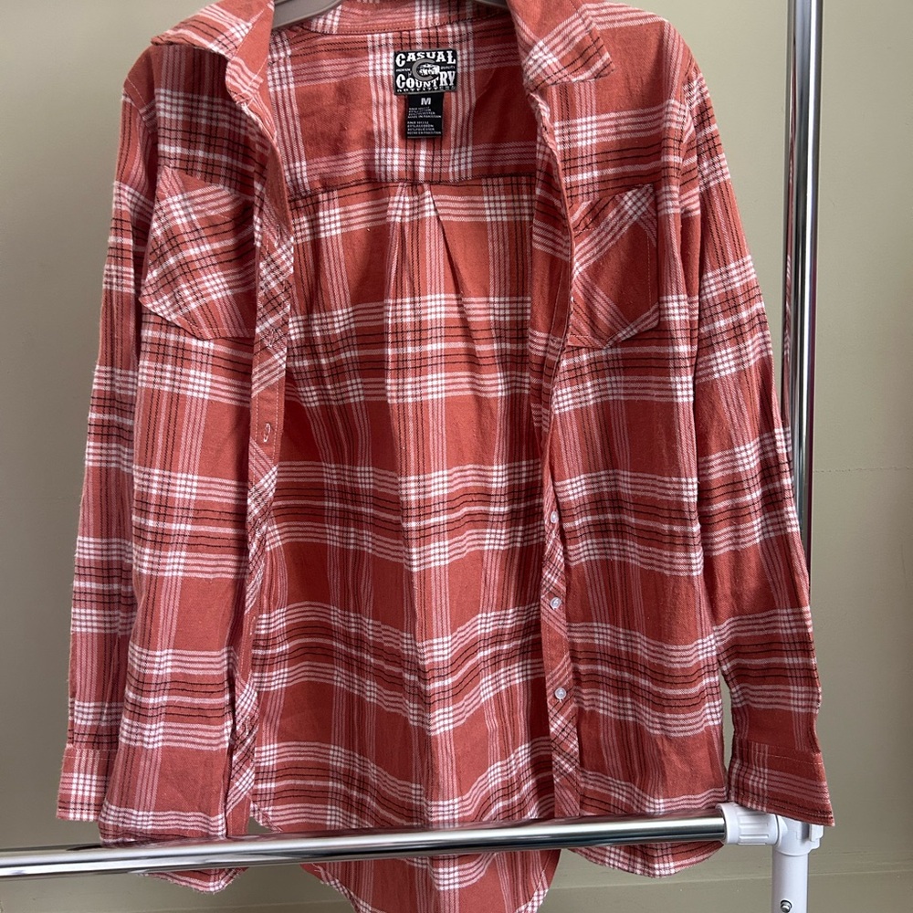 Women's Coral Plaid Button Down Shirt
